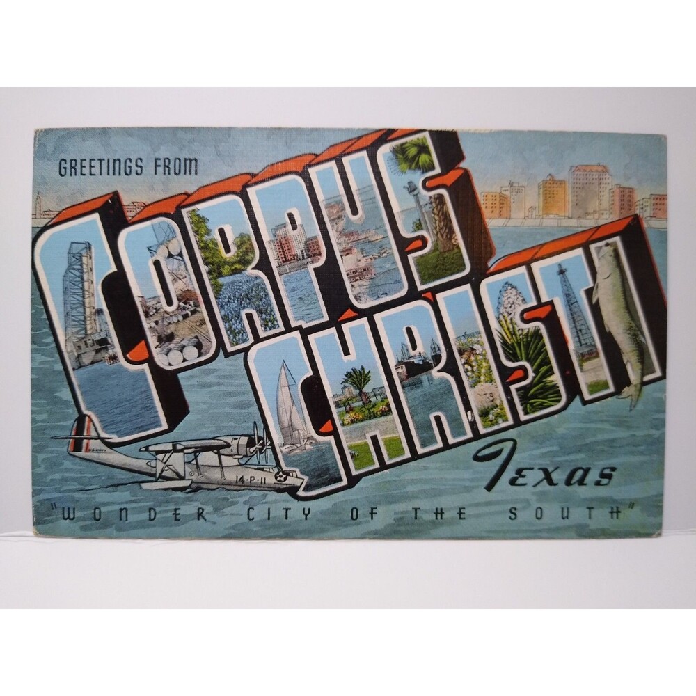 Greetings From Corpus Christi Texas Large Letter Linen Postcard Unused Airplane
